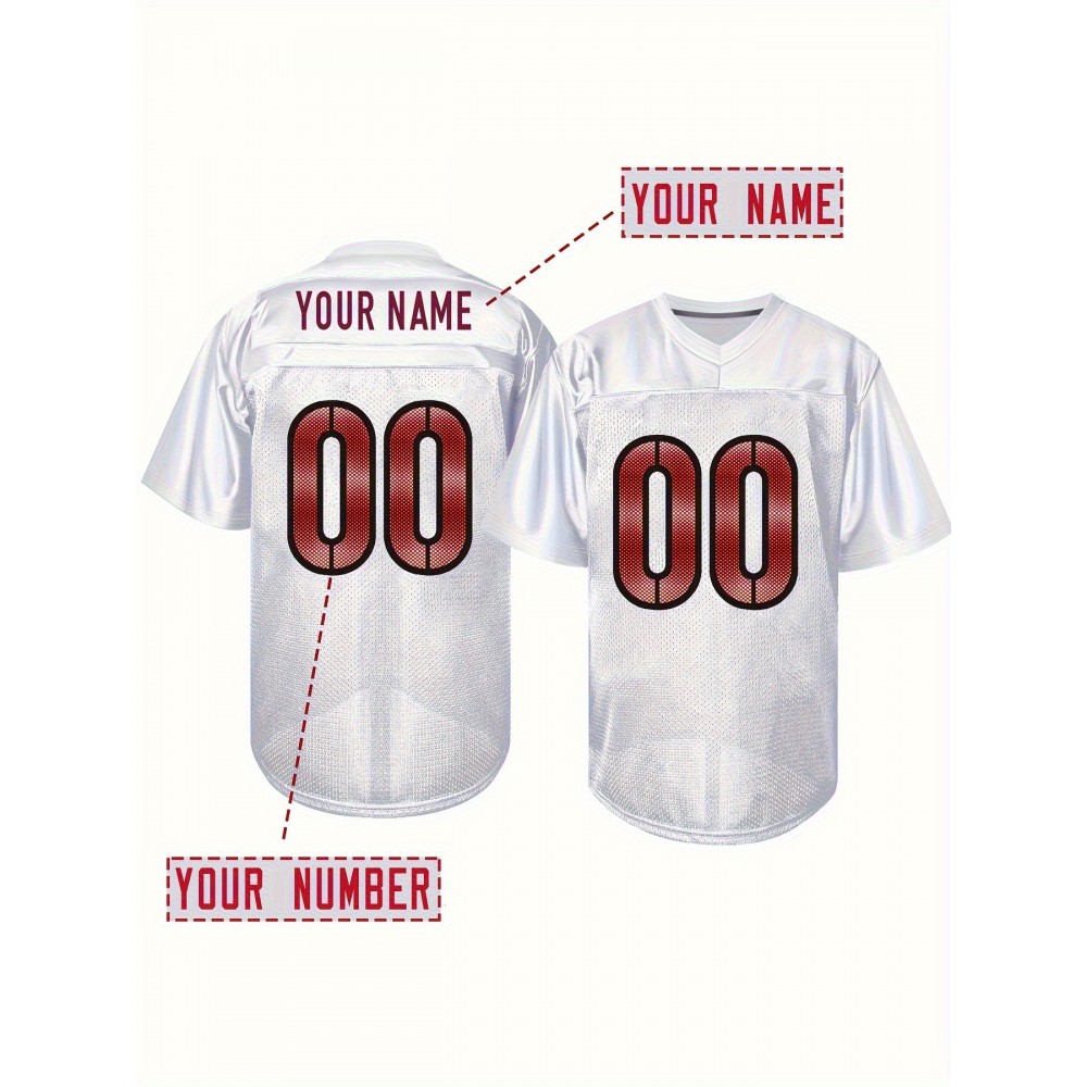 Women'S Plus Size Customizable Football Jersey - Personalized Name & Number, Soft Durable Fabric, V-Neck Short Sleeve, Red & White Striped Design for Sports & Casual Wear, Football Jersey, Lifestyle Apparel, Sporty Aesthetic, Comfortable Fit