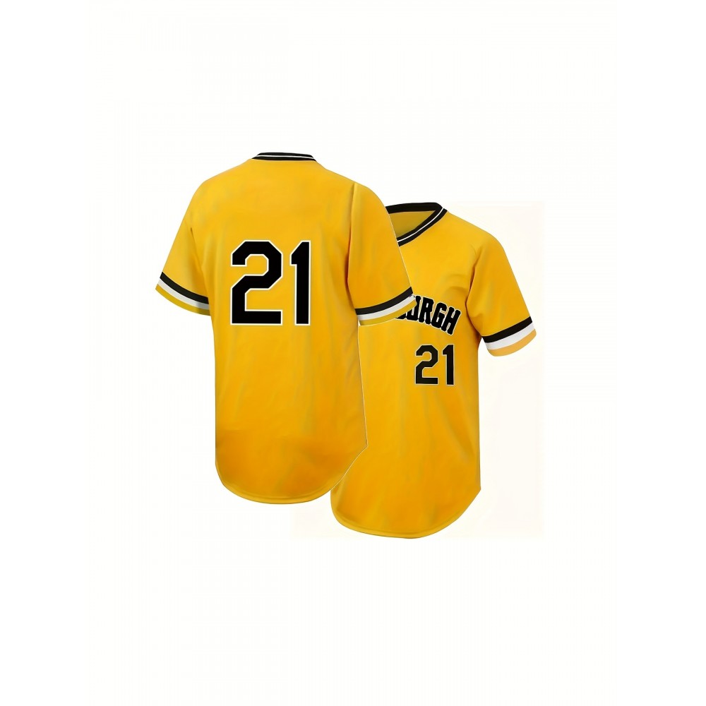 Men's #21 Yellow Baseball Jersey with Embroidered Name & Number - 100% Polyester, V-Neck, Loose Fit for Sports & Parties, Machine Washable, All-Season Comfort, Baseball Apparel | Striped Sleeves | Glossy Finish