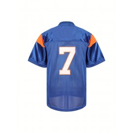 Men's #7 Blue American Football Jersey, 100% Polyester V-Neck Sports Sweatshirt with Letter and Number, Loose Fit Knit Fabric for Party, Team Sports, Four Seasons, Football Gear