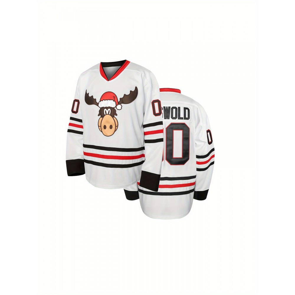 Men's #00 White Hockey Jersey with Embroidered Name & Number - Durable Polyester, V-Neck Captain's Sweatshirt, Machine Washable - Perfect for Sports, All Seasons