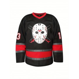 Men's #13 Voorhees Embroidered Hockey Jersey - Black & White, Polyester, V-Neck Captain's Sweatshirt with 