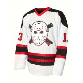Men's #13 Voorhees Embroidered Hockey Jersey - Black & White, Polyester, V-Neck Captain's Sweatshirt with 