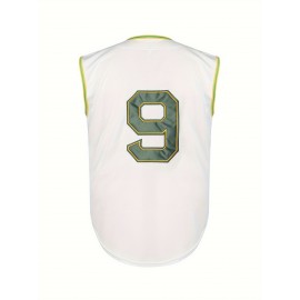 Men'S #9 White Sleeveless Baseball Jersey with Green & Yellow Accents - Full Embroidery, V-Neck, Athletic Fit for All Seasons, Casual & Competitive Wear, Casual Sports Jersey | Embroidered Jersey | Comfortable Fit Jerse